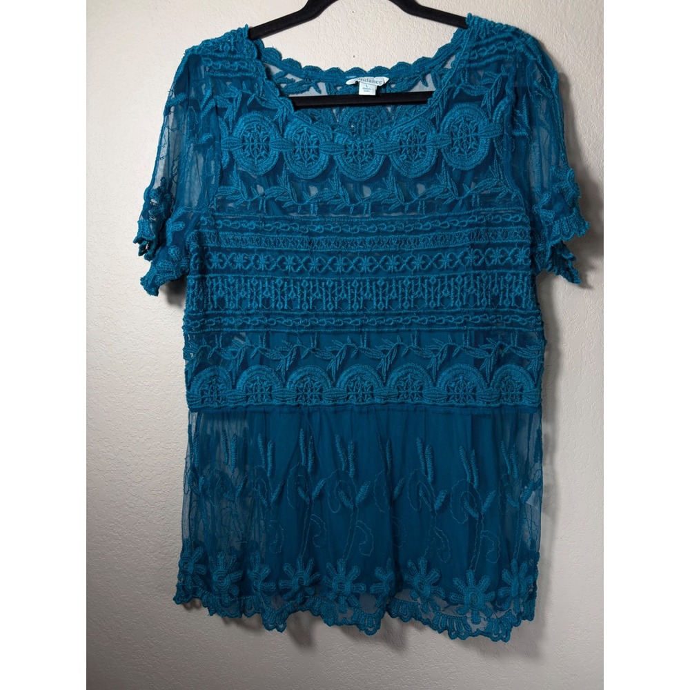 Sundance Teal‎ Blue Embroidered Mesh Lace Tunic Top Short Sleeve Large Boho EUC